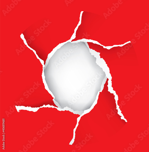 Red Ripped paper frame, hole. 
lllustration of torn paper round frame. Template for expressive banner. Vector available