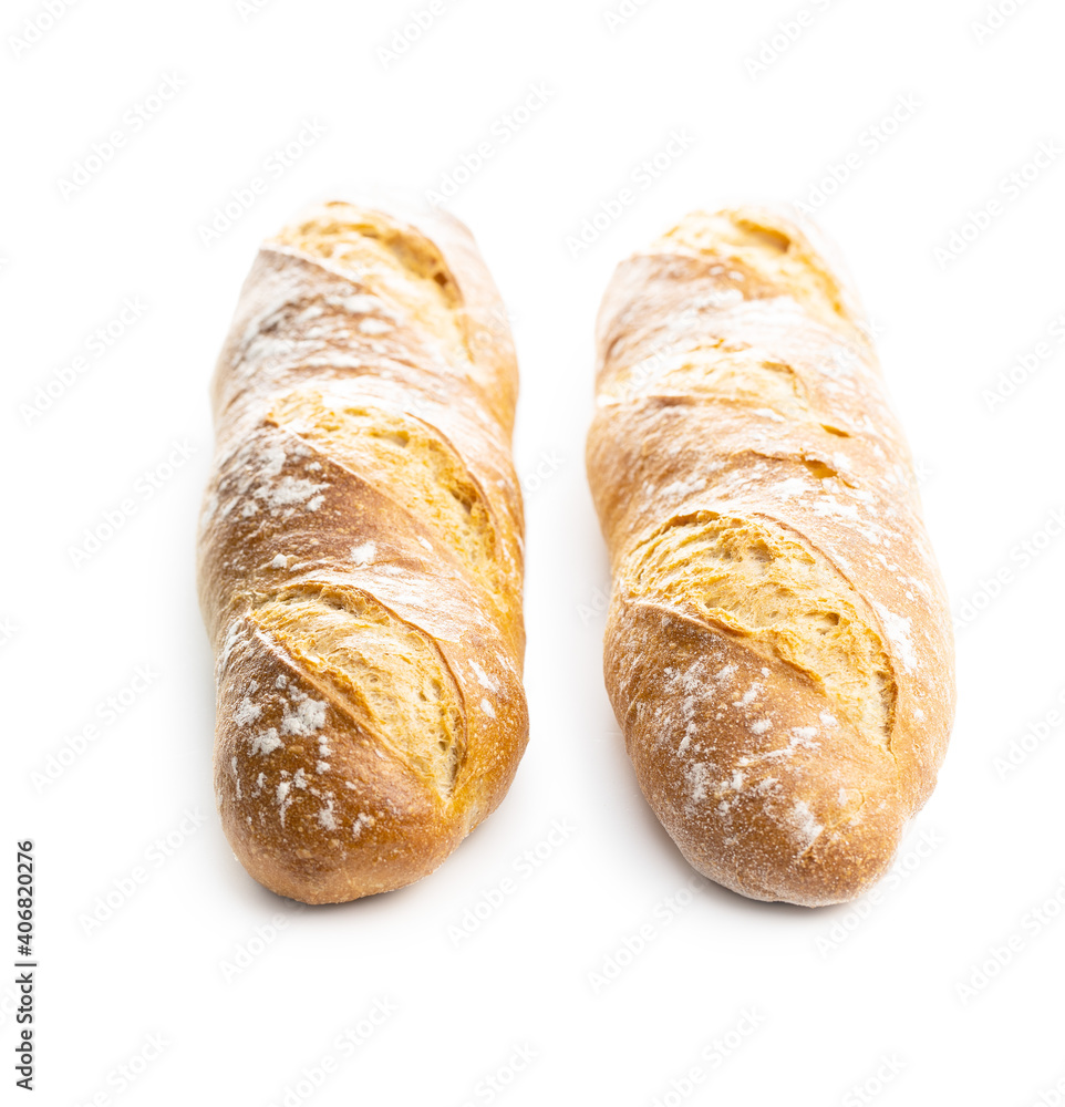 Fototapeta premium Two crispy fresh baguettes isolated on white background.