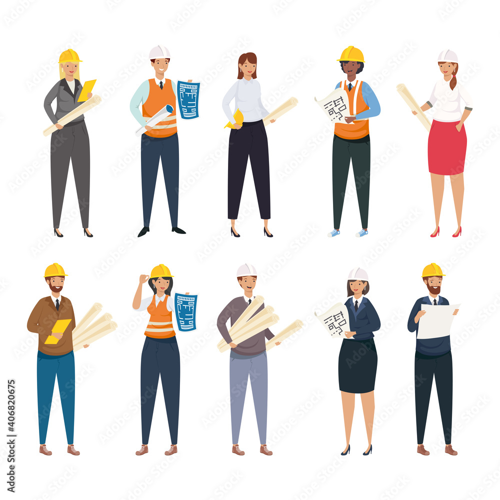 Architects and engineers people with helmets and plans icon set vector design Architects and engineers people with helmets and plans icon set vector design