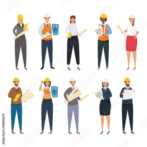 Architects and engineers people with helmets and plans icon set vector design