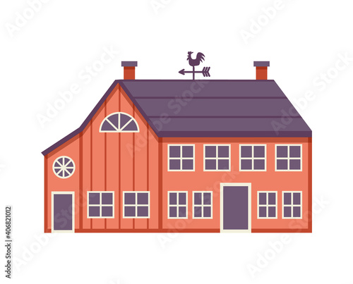 Wood old house or grain shed with weather vane flat vector illustration isolated.