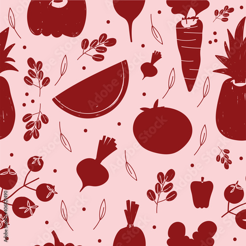 food pattern red silhuette vegetables and fruits background