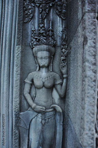 Close-up view of the carvings  statues and sculptures at the ancient khmer temple complex of Angkor Wat