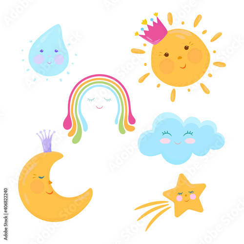 Weather collection with cute cartoon characters. Kids design clipart.