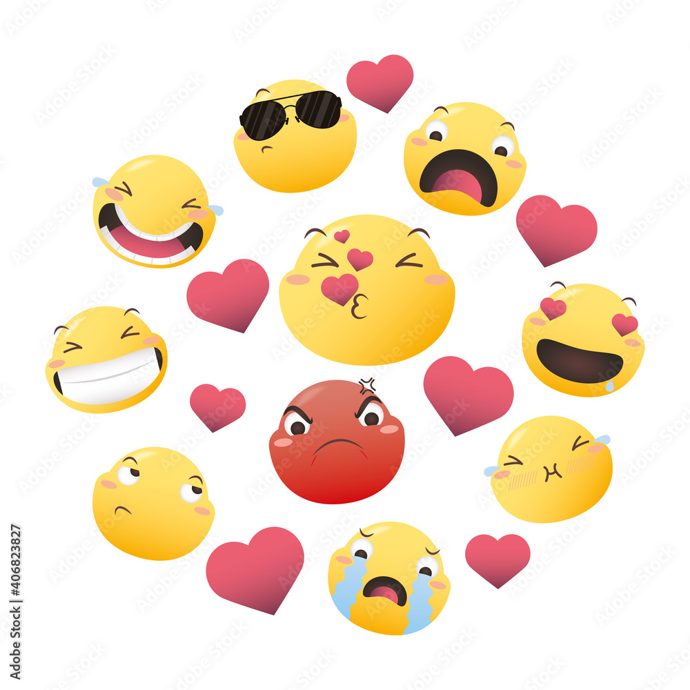 Emojis faces with hearts icon set vector design