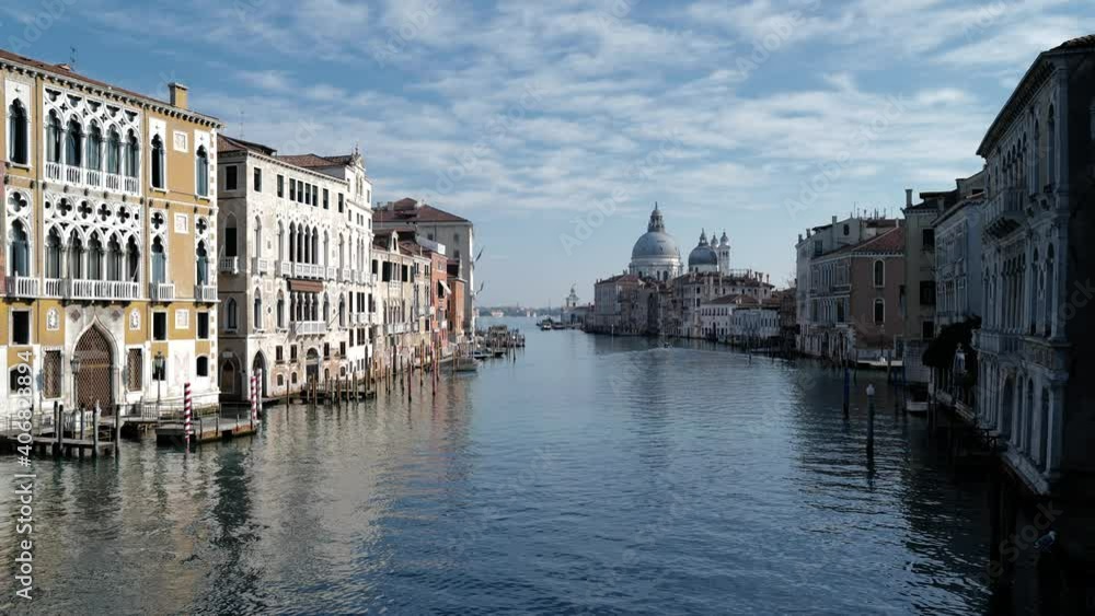 Venice, Italy - January 2021 - View of the Basilica della Salute and the grand canal from the Accademia bridge Venice, Italy - January 2021 - View of the Basilica della Salute and the grand canal from the Accademia bridge
