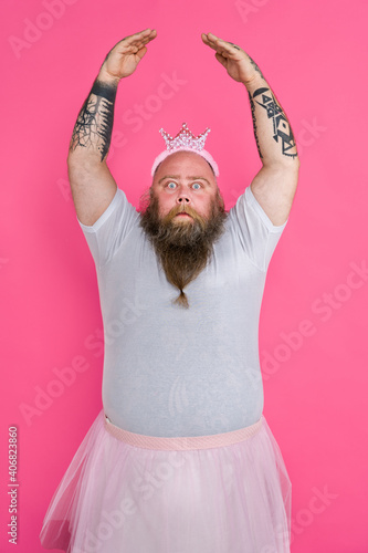 Print op canvas Funny fat man dressed like ballerina