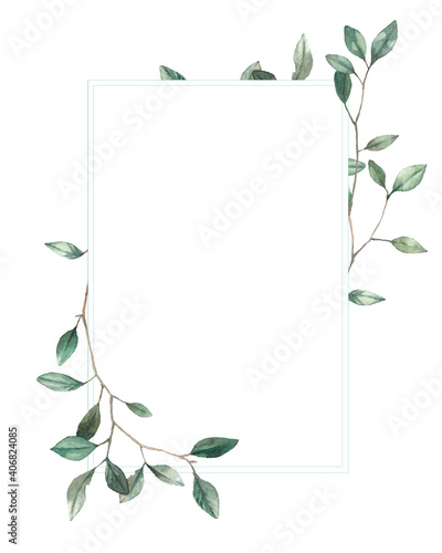 Watercolor green plants and branches frame. Hand painted floral clip art: card frame isolated on white background.
