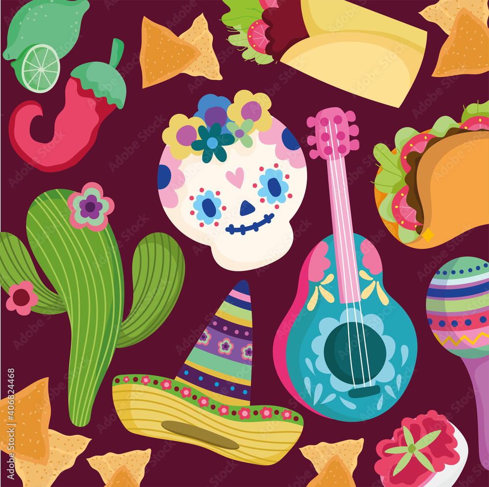mexico day of the dead culture traditional skull cactus hat guitar food background mexico day of the dead culture traditional skull cactus hat guitar food background