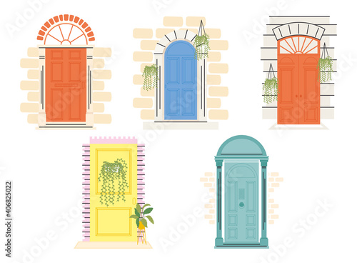front doors with plants icon set vector design