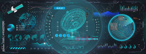 Space antenna with HUD interface display. Sci-fi dashboard with 3D objects - satellite, earth globe, antenna and Futuristic User Interface screens with HUD UI. Control center with hi-tech scanning