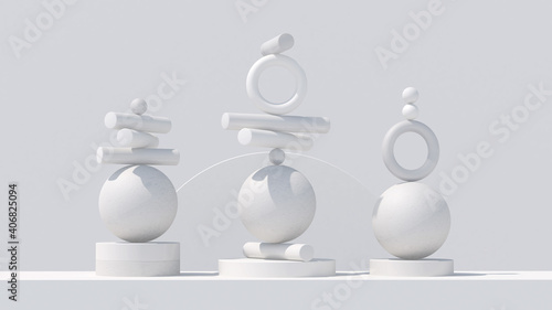 White geometric shapes. Equilibrium concept. Abstract illustration, 3d render.