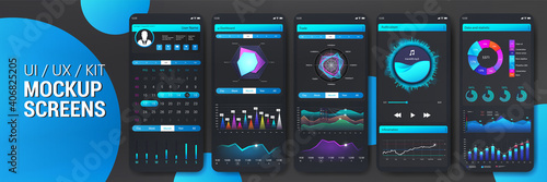 Beautiful and Simple Mobile App with Gradient colors. UI, UX, KIT Mockups Smartphone Screens with infographic, pie charts, diagrams, infocharts and other analytic information. Vector Mobile App