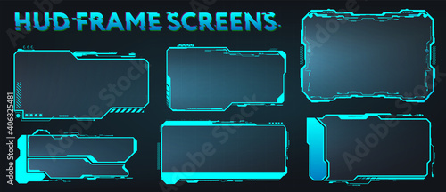 Screens HUD, UI, GUI, Futuristic User Interface Frames. Callouts titles and Sci-fi digital boards collection. HUD elements for video games, apps, movie. Holograms screens. Vector set info frames