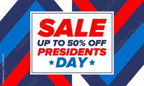 Sale banner for Presidents Day. Special offer template. Holiday shopping in United States. Super season deal. 50% off. Discount badge. Creative advertisement patriotic american poster