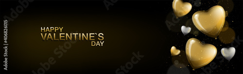 Happy valentines day banner with heart shaped balloons golden and silver over dark background with glitter. 