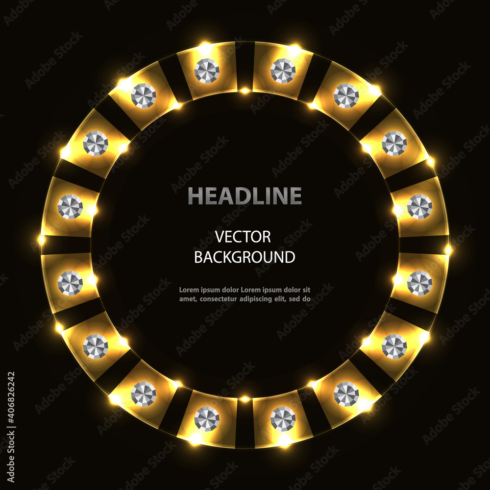 Abstract golden neon circle frame with silver spangles on black background