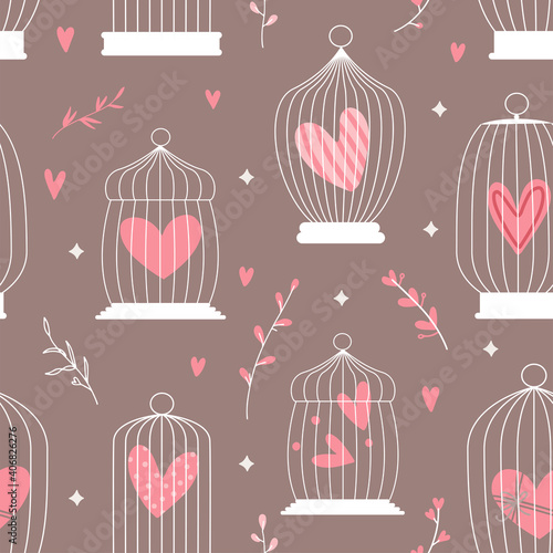 Seamless decorative spring pattern with cages and hearts inside. valentine's day concept. Vector illustration.