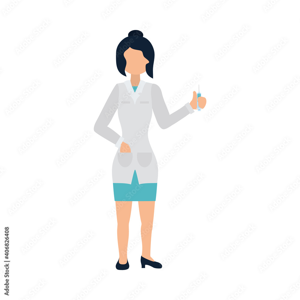 cartoon woman doctor holding a vaccine syringe, flat style