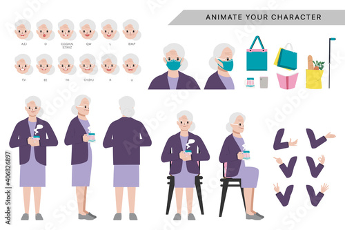 Character for elderly character animated with emotions face and animation mouths.
