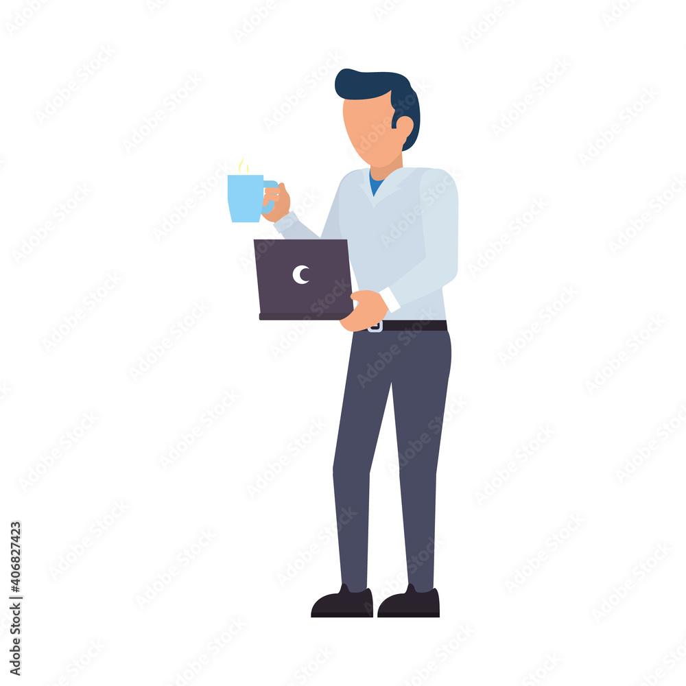 cartoon businessman holding a laptop computer and coffee mug, flat style cartoon businessman holding a laptop computer and coffee mug, flat style