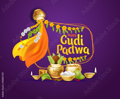 Ugadi vector festive illustration. Hindu New Year celebration for Marathas and Konkani Gudi Padwa. design graphics for posters, posters, flyers, offers, booklets, cards. another name Ugadi or Yugadi