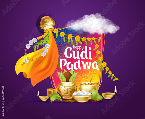 Ugadi vector festive illustration. Hindu New Year celebration for Marathas and Konkani Gudi Padwa. design graphics for posters, posters, flyers, offers, booklets, cards. another name Ugadi or Yugadi