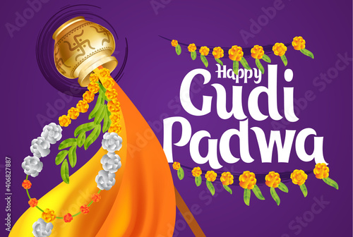 Ugadi vector festive illustration. Hindu New Year celebration for Marathas and Konkani Gudi Padwa. design graphics for posters, posters, flyers, offers, booklets, cards. another name Ugadi or Yugadi