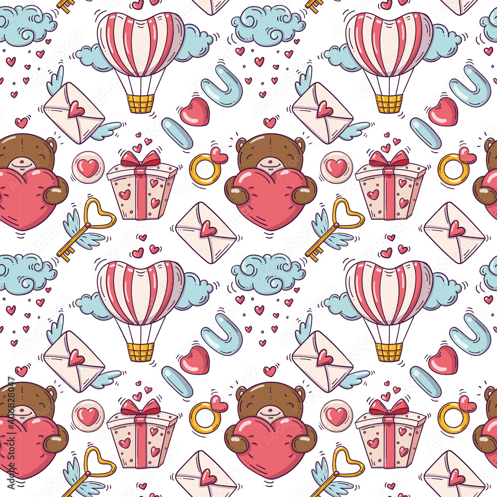 Seamless pattern with valentines day and love objects in doodle style on white background Seamless pattern with valentines day and love objects in doodle style on white background