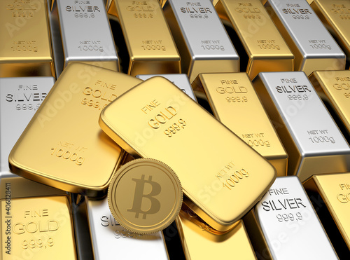 Bitcoin coin on rows of gold and silver bars. 3d illustration