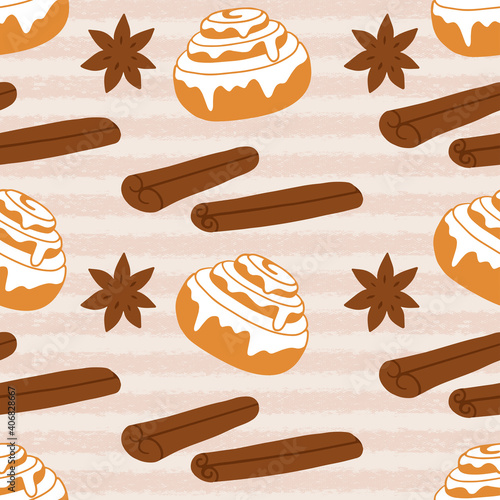 Cinnamon rolls seamless pattern. Hand drawn vector illustration in Retro style