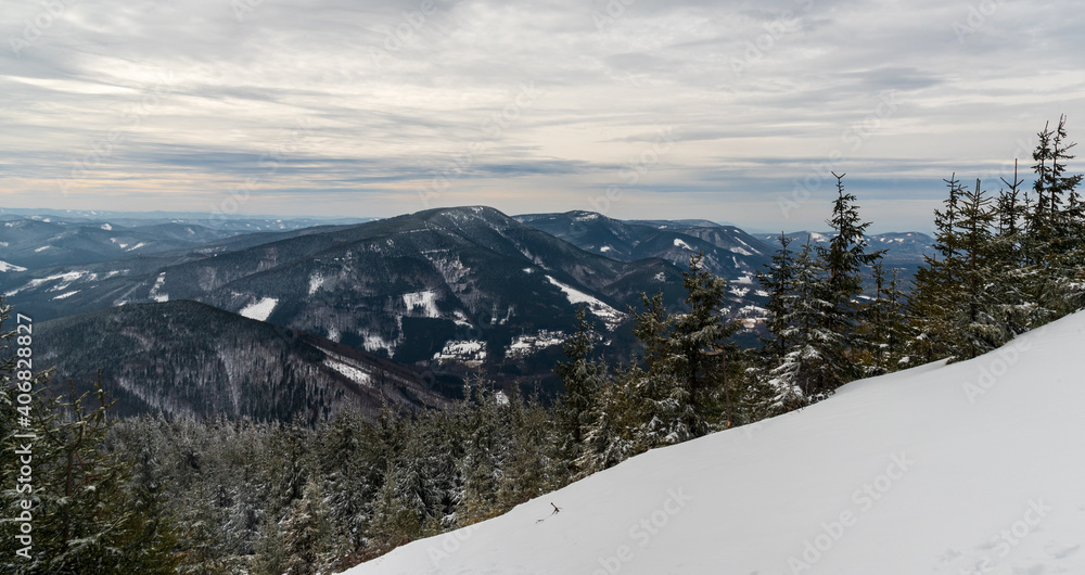 View from hiking trail near Lysa hora hill summit in winter Moravskoslezske Beskydy mountains in Czech republic