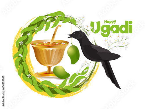 Ugadi vector festive illustration. Hindu New Year celebration for Marathas and Konkani Gudi Padwa. design graphics for posters, posters, flyers, offers, booklets, cards. another name Ugadi or Yugadi
