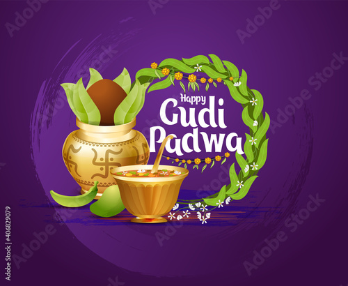 Ugadi vector festive illustration. Hindu New Year celebration for Marathas and Konkani Gudi Padwa. design graphics for posters, posters, flyers, offers, booklets, cards. another name Ugadi or Yugadi