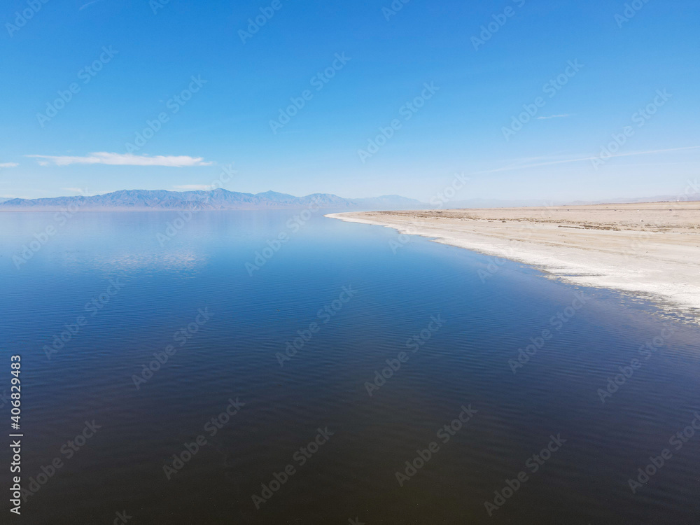 Aerial view of Bombay Beach and the Southern California Salton Sea landscape in California, United States. Salton Sea endorheic rift lake. 
