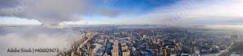 Moscow on a frosty winter day under the "blanket" of steam from the pipes of thermal stations.