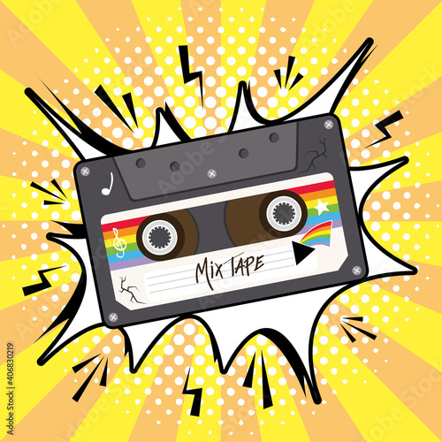 mix tape retro cassette on explosion bubble vector design