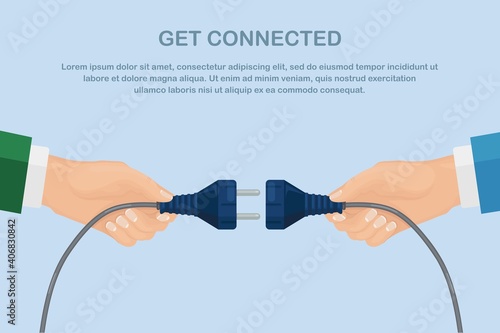 Businessman trying to connect electric plug with socket. Connection, teamwork concept. Get connected. Vector illustration