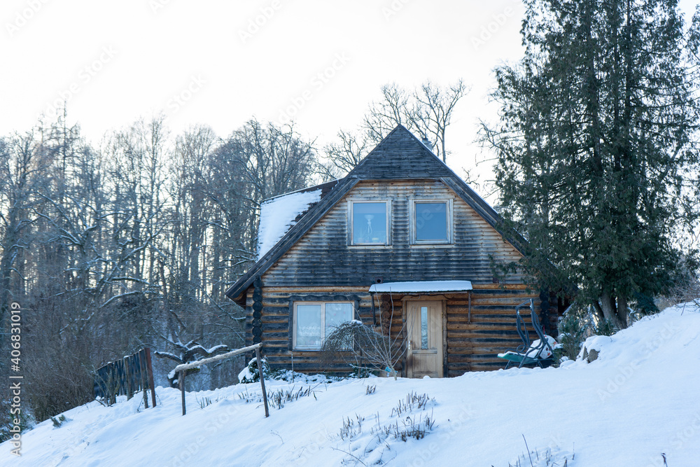 a dilapidated old wooden house on the edge of the forest