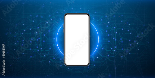 Smartphone blank screen, phone mockup. Futuristic Sci Fi elegant modern Neon glowing Circle. Blue neon abstract background with glowing ring shape. 