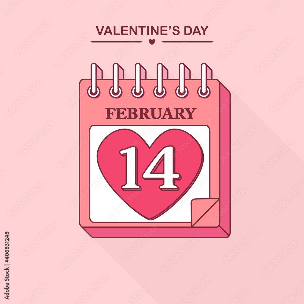 Tear-off calendar for february. Happy valentines day, 14 february. Vector illustration