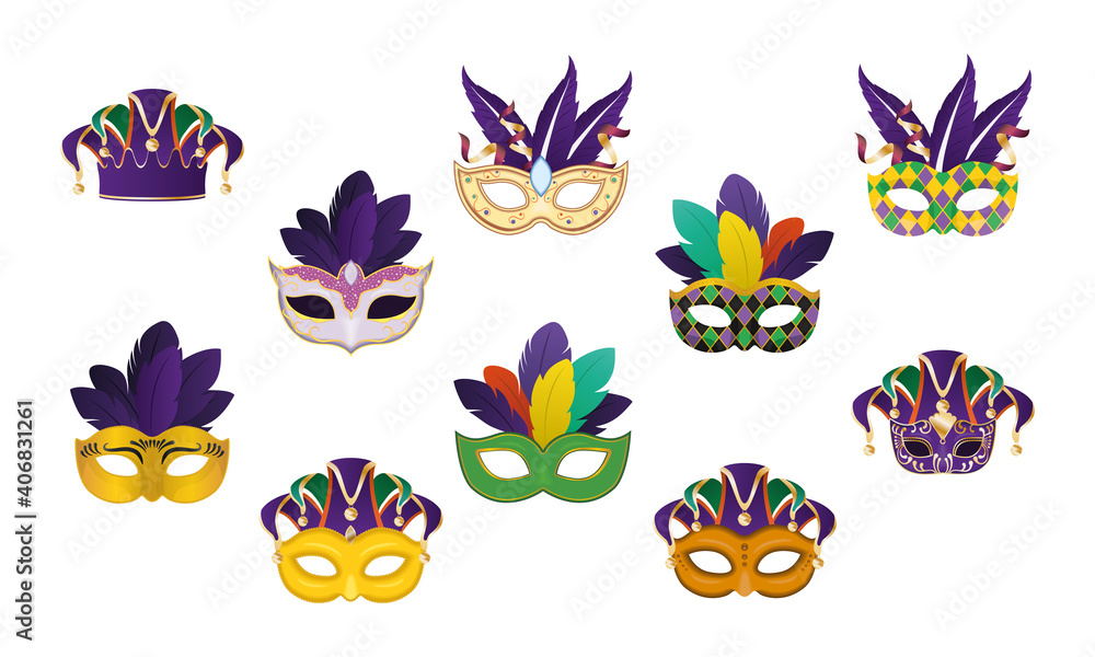 mardi gras masks with feathers set vector design - obrazy, fototapety, plakaty 