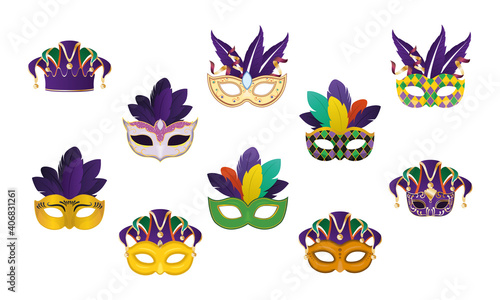 mardi gras masks with feathers set vector design