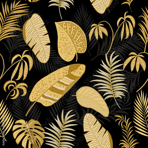 Tropical vector seamless pattern with gold leaves of palm tree and flowers