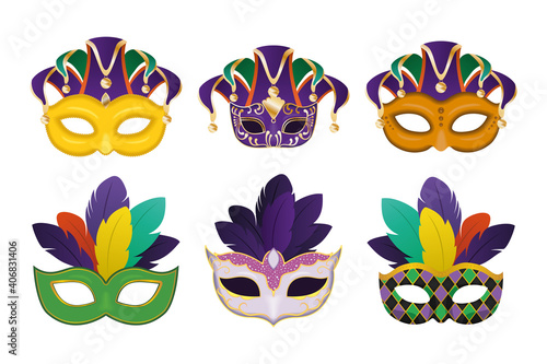 mardi gras masks with feathers icon collection vector design