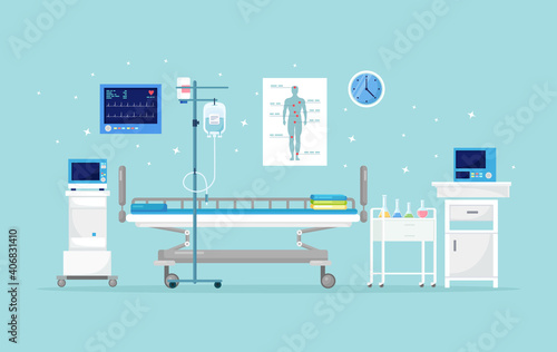 Hospital ward for patient. Interior of intensive therapy room with bed. Vector illustration