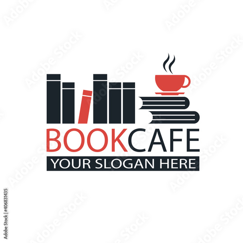 literary cafe emblem with books and cup isolated on white background