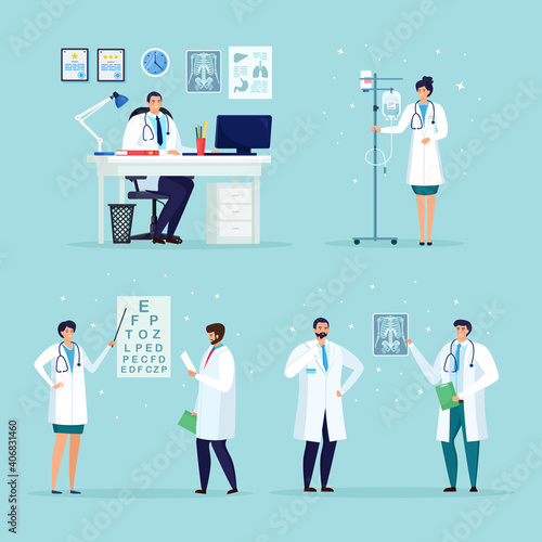 Doctor waiting for the patient at the desk in hospital medical office. Nurse with drop counter, dropper. Ophthalmologist check eye sight, vision. Optical eyes test. Physician looking at xray picture. 