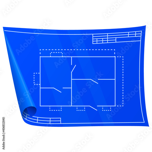 Technical drawing. Nice new drawing of blue drawing paper with house drawing. For builders and mechanics. Vector illustration for websites, games and prints.