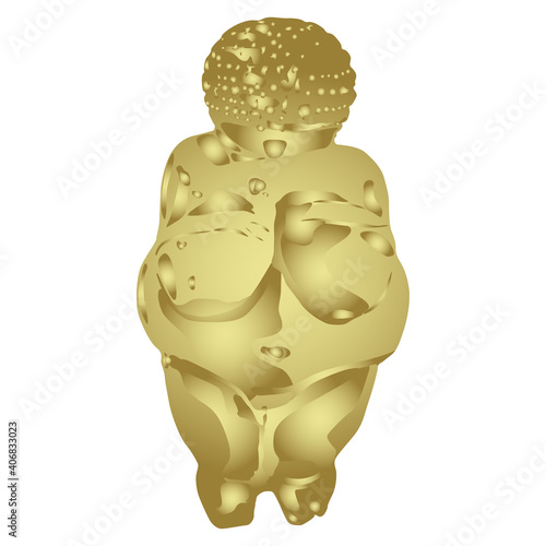 Venus of Willendorf. Paleolithic female figurine from Austria. Stone age sculpture. Great Mother archetype. Fat pregnant lady. Fertility goddess. Golden glossy silhouette on white background.
